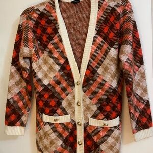 Talbots Red and Brown Plaid Cardigan Sweater